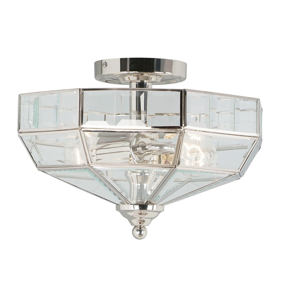 Old Park 2-Lt Semi-Flush Fitting Light Polished Nickel/Clear 32cm