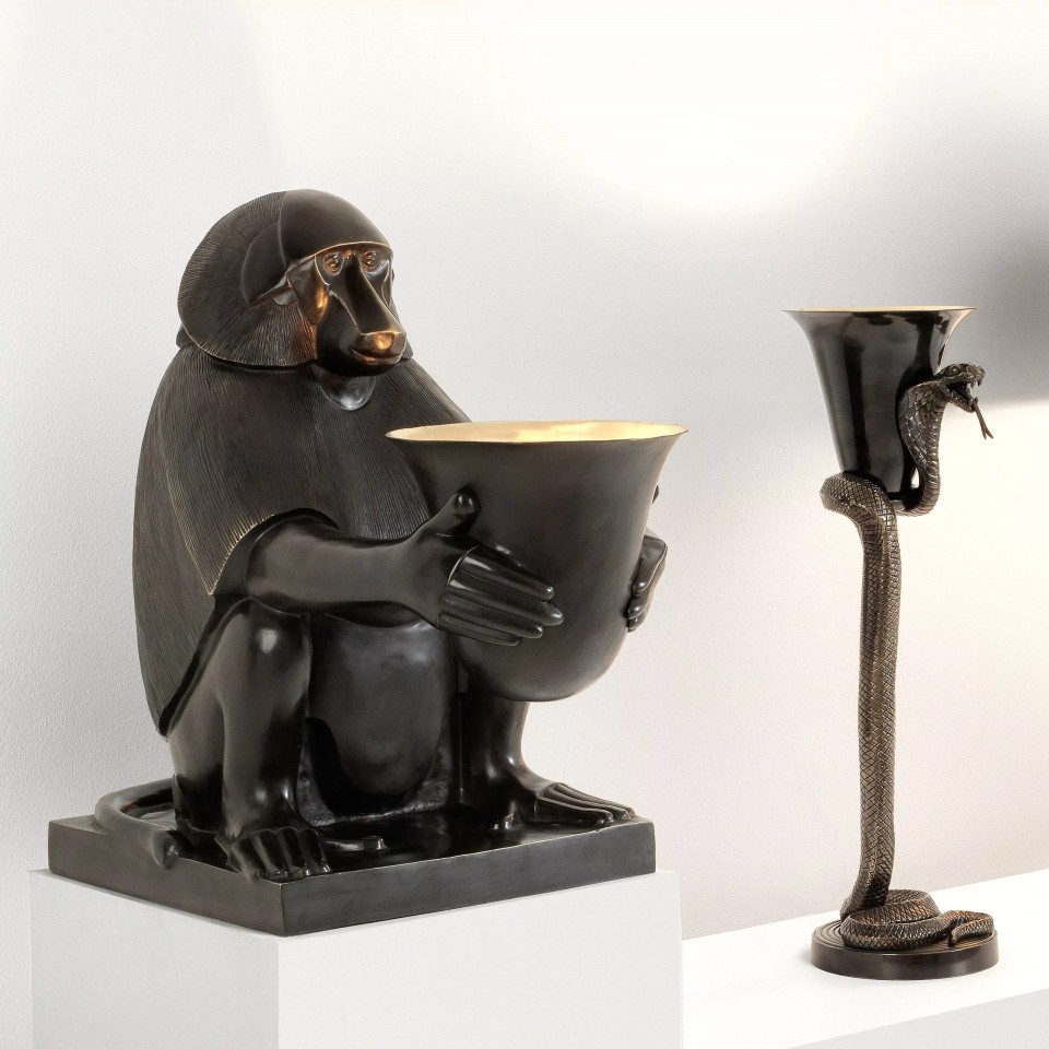 Art Deco Monkey Table Lamp Black Patina 60cm